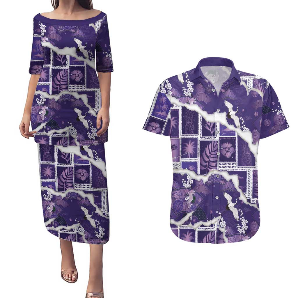 Hawaii Japanese Culture Purple Couples Matching Puletasi and Hawaiian Shirt Spring Cranes Aloha Pattern LT01 Purple - Polynesian Pride