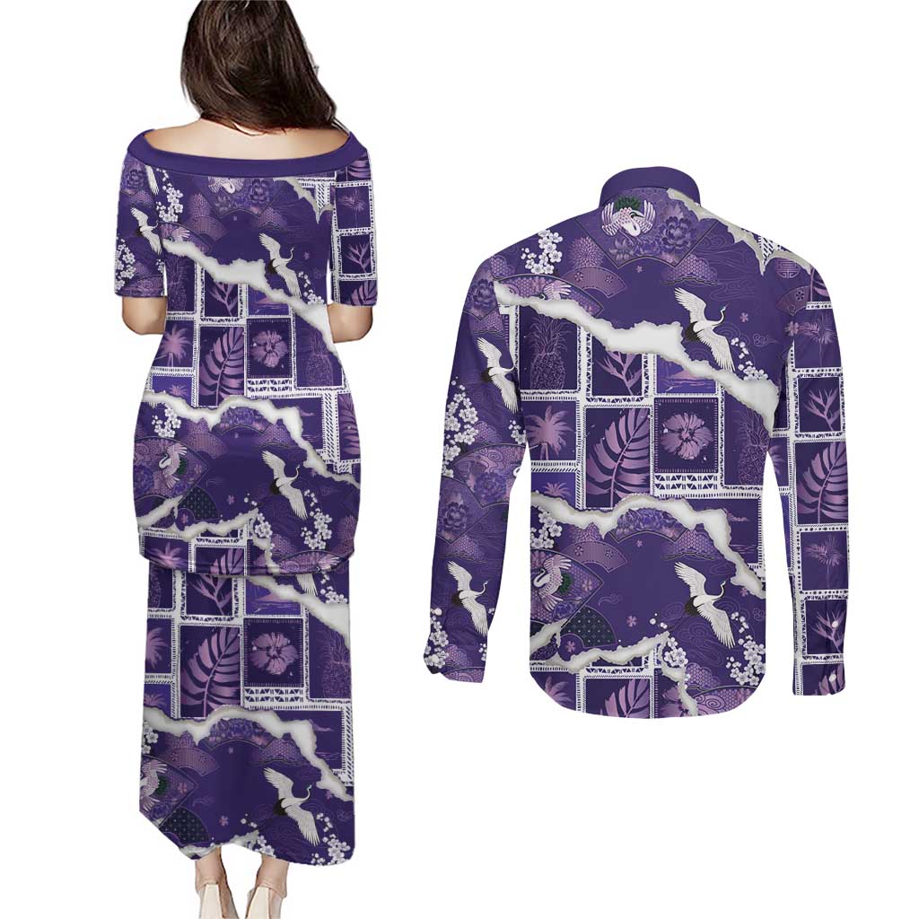 Hawaii Japanese Culture Purple Couples Matching Puletasi and Long Sleeve Button Shirt Spring Cranes Aloha Pattern LT01 - Polynesian Pride
