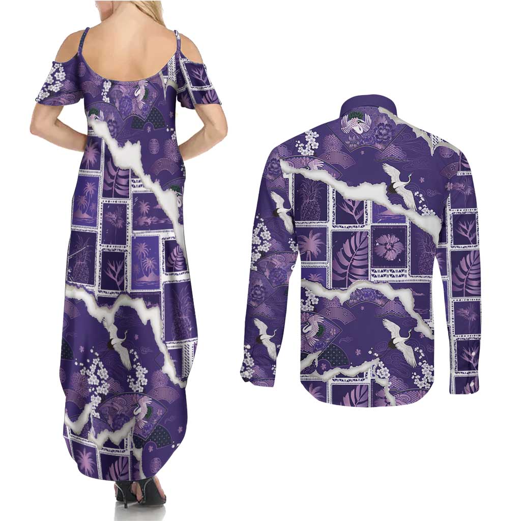 Hawaii Japanese Culture Purple Couples Matching Summer Maxi Dress and Long Sleeve Button Shirt Spring Cranes Aloha Pattern LT01 - Polynesian Pride