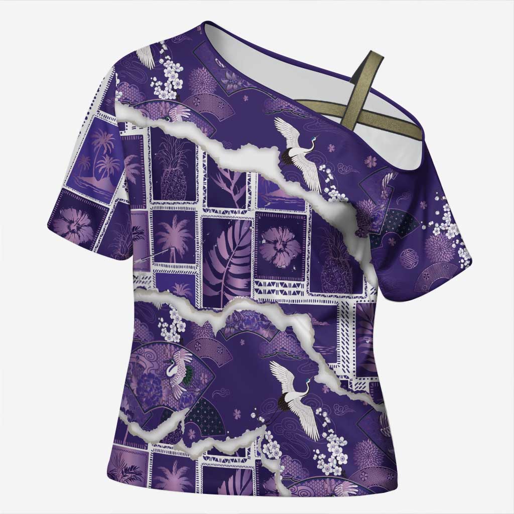 Hawaii Japanese Culture Purple Cross Shoulder Shirt Spring Cranes Aloha Pattern LT01 Female Purple - Polynesian Pride