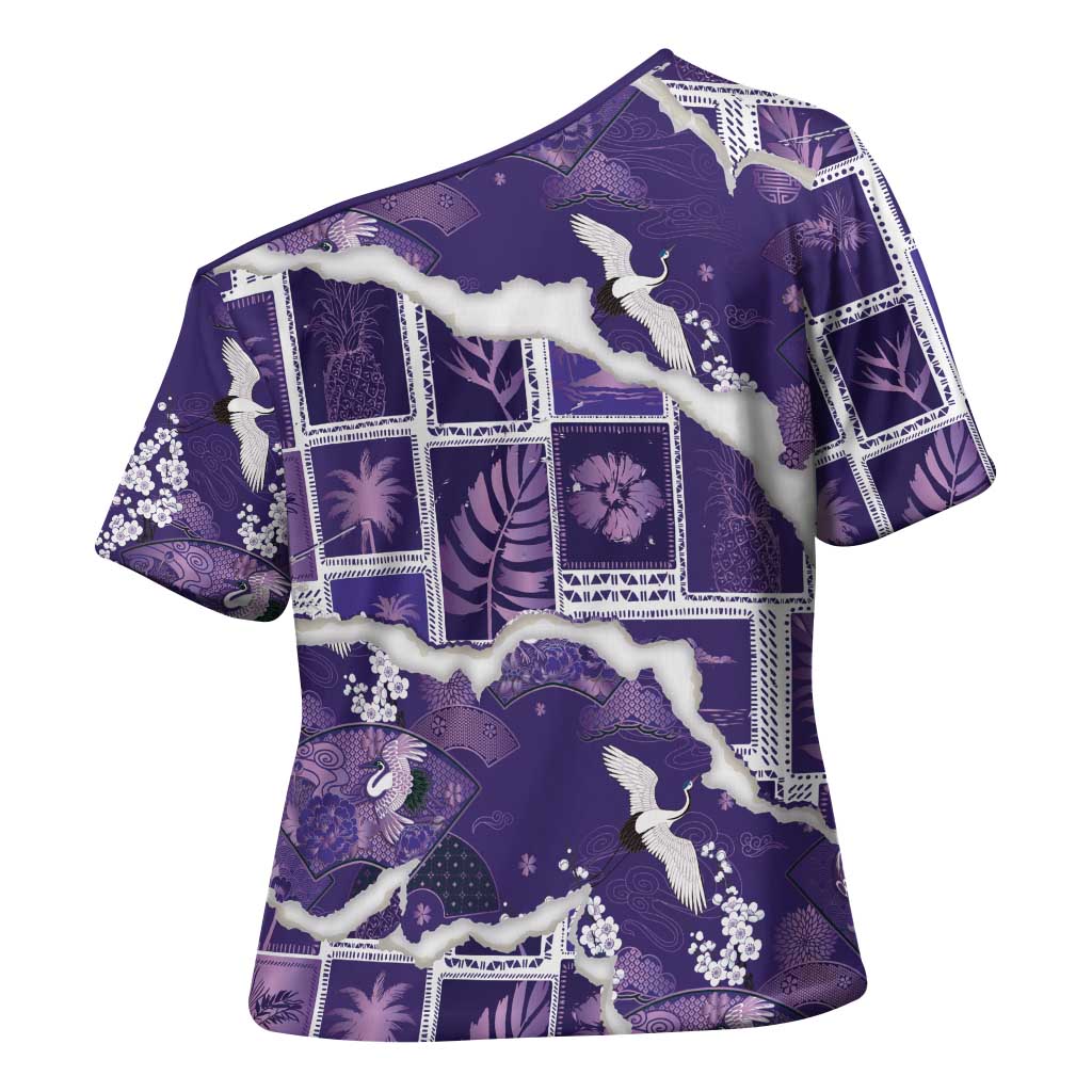 Hawaii Japanese Culture Purple Cross Shoulder Shirt Spring Cranes Aloha Pattern LT01 - Polynesian Pride