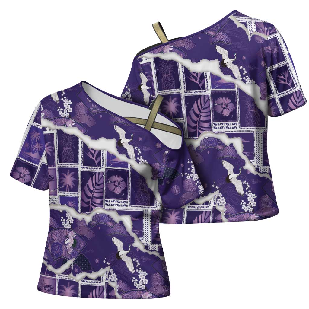 Hawaii Japanese Culture Purple Cross Shoulder Shirt Spring Cranes Aloha Pattern LT01 - Polynesian Pride