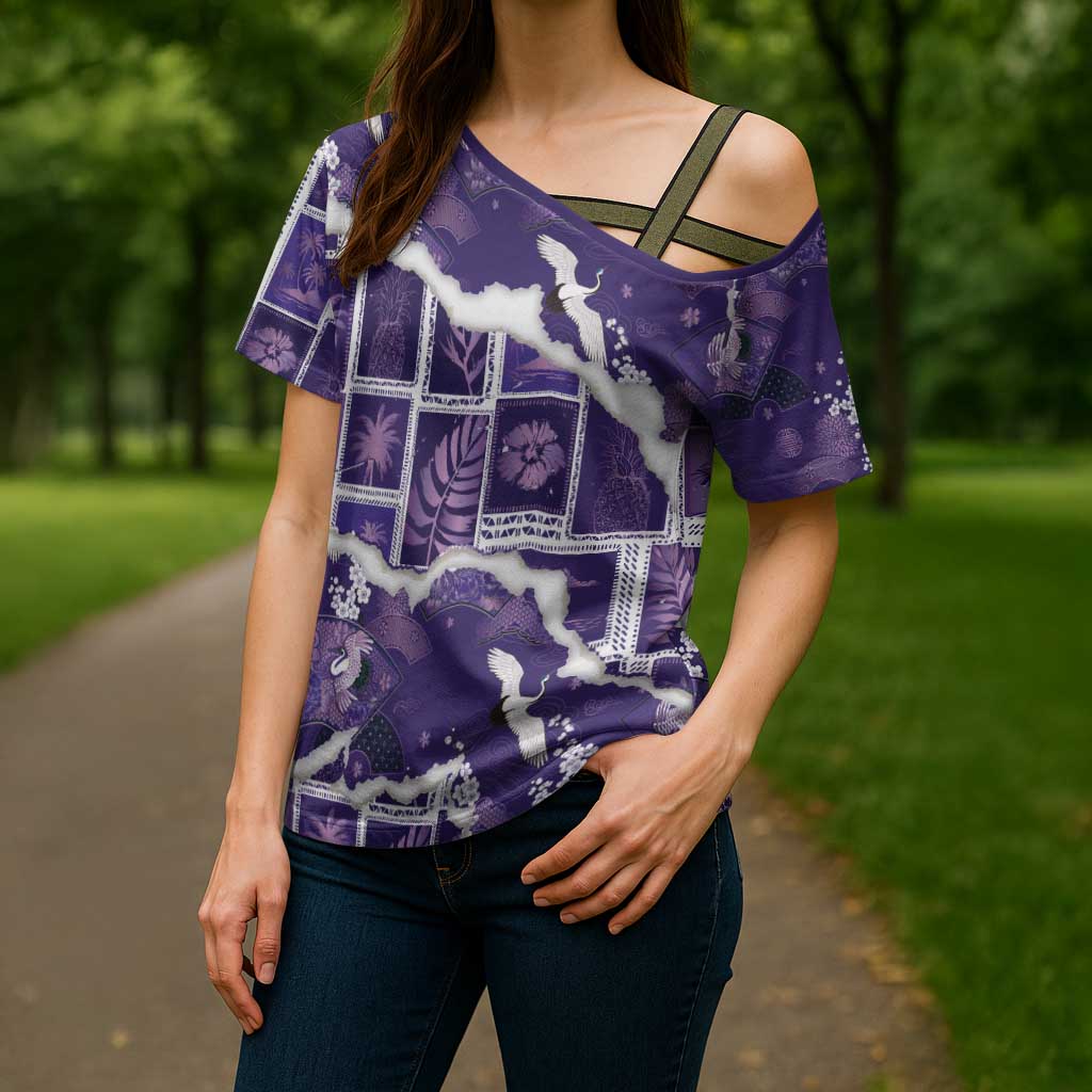 Hawaii Japanese Culture Purple Cross Shoulder Shirt Spring Cranes Aloha Pattern LT01 - Polynesian Pride
