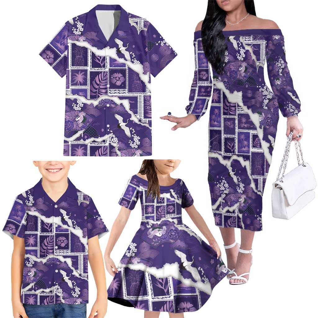 Hawaii Japanese Culture Purple Family Matching Off The Shoulder Long Sleeve Dress and Hawaiian Shirt Spring Cranes Aloha Pattern LT01 - Polynesian Pride
