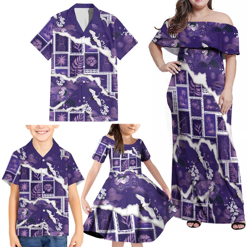 Hawaii Japanese Culture Purple Family Matching Off Shoulder Maxi Dress and Hawaiian Shirt Spring Cranes Aloha Pattern