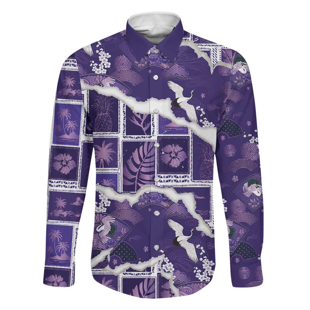 Hawaii Japanese Culture Purple Family Matching Off Shoulder Maxi Dress and Hawaiian Shirt Spring Cranes Aloha Pattern