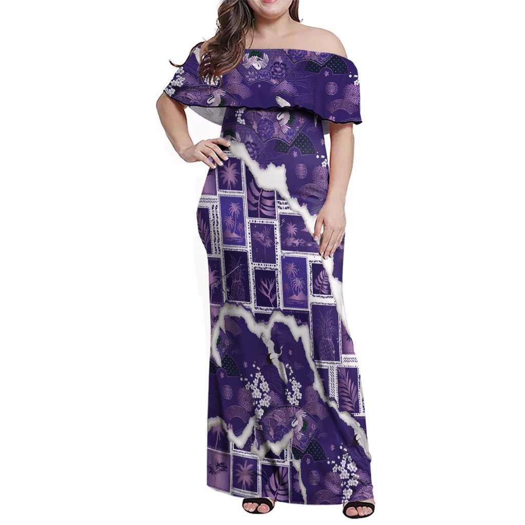Hawaii Japanese Culture Purple Family Matching Off Shoulder Maxi Dress and Hawaiian Shirt Spring Cranes Aloha Pattern