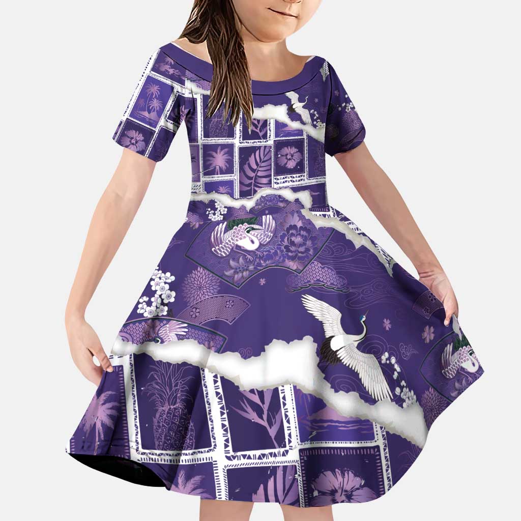 Hawaii Japanese Culture Purple Family Matching Off Shoulder Short Dress and Hawaiian Shirt Spring Cranes Aloha Pattern
