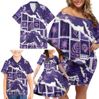 Hawaii Japanese Culture Purple Family Matching Off Shoulder Short Dress and Hawaiian Shirt Spring Cranes Aloha Pattern