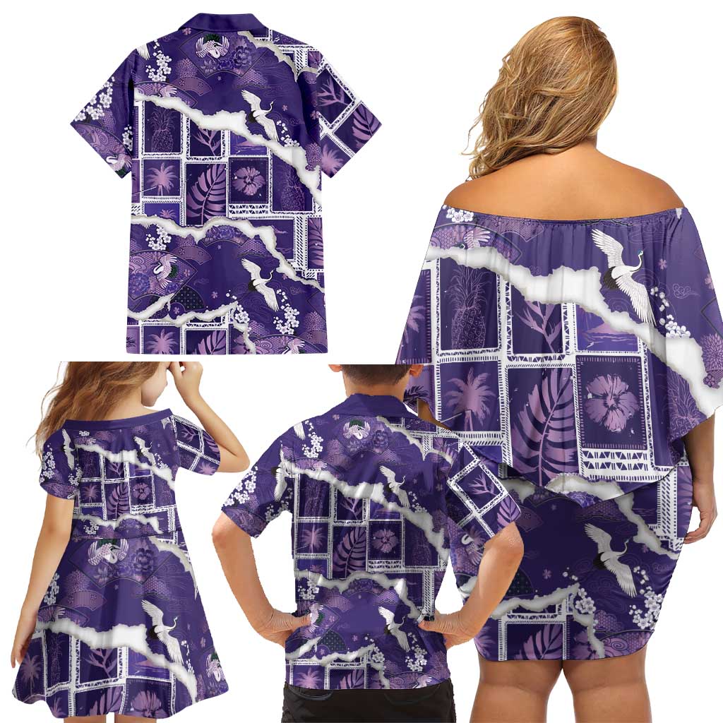 Hawaii Japanese Culture Purple Family Matching Off Shoulder Short Dress and Hawaiian Shirt Spring Cranes Aloha Pattern