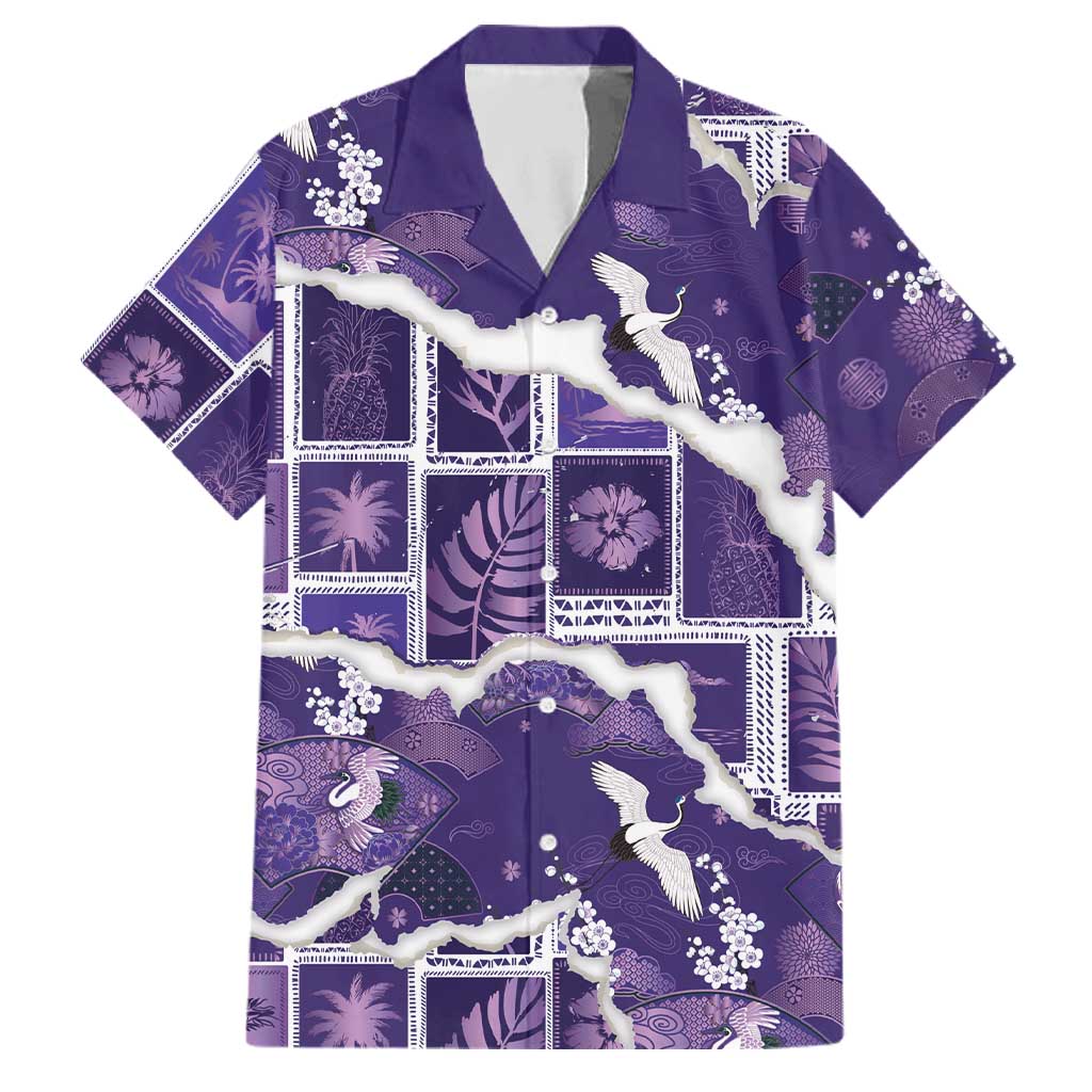 Hawaii Japanese Culture Purple Family Matching Off Shoulder Short Dress and Hawaiian Shirt Spring Cranes Aloha Pattern