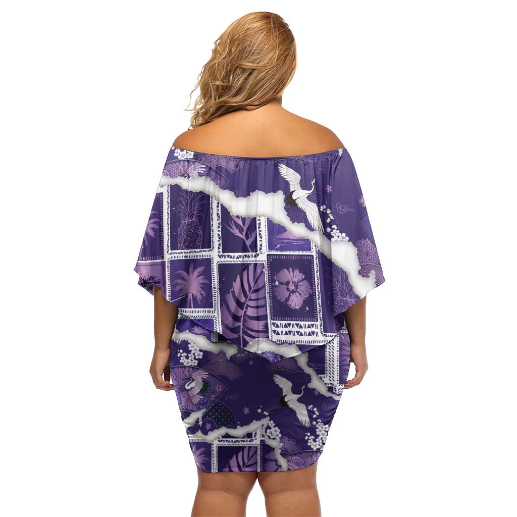 Hawaii Japanese Culture Purple Family Matching Off Shoulder Short Dress and Hawaiian Shirt Spring Cranes Aloha Pattern