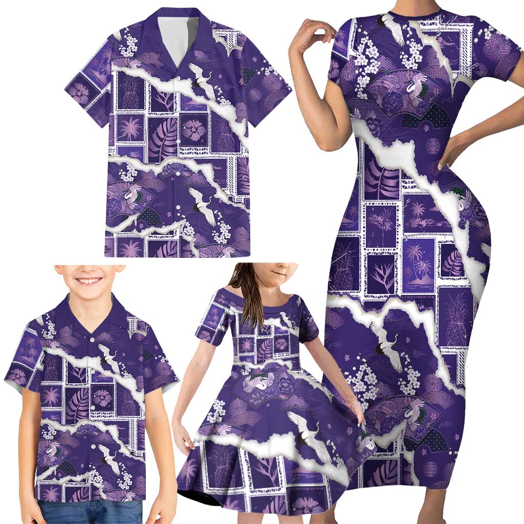 Hawaii Japanese Culture Purple Family Matching Short Sleeve Bodycon Dress and Hawaiian Shirt Spring Cranes Aloha Pattern LT01 - Polynesian Pride