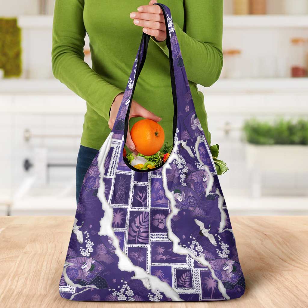 Hawaii Japanese Culture Purple Grocery Bag Spring Cranes Aloha Pattern LT01 - Polynesian Pride