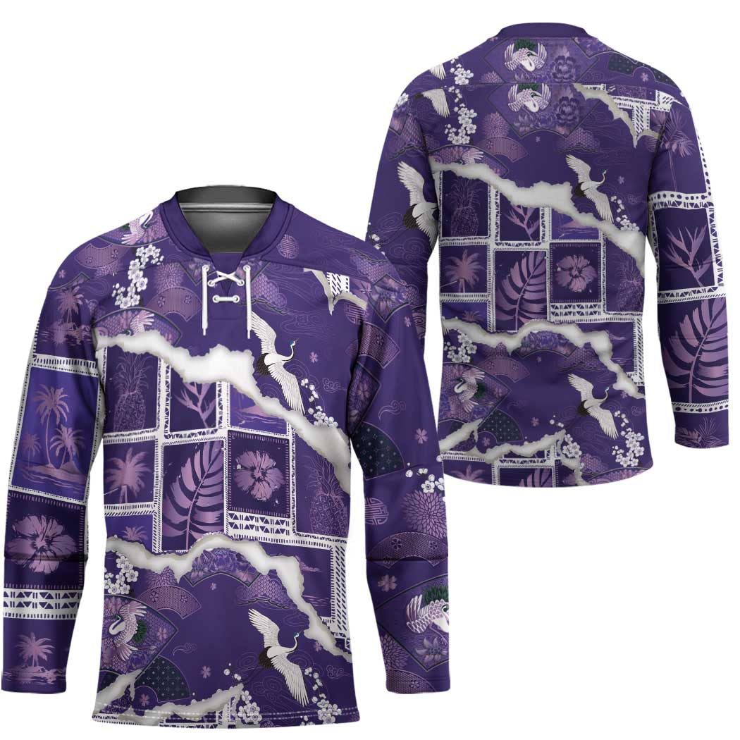 Hawaii Japanese Culture Purple Hockey Jersey Spring Cranes Aloha Pattern LT01 - Polynesian Pride