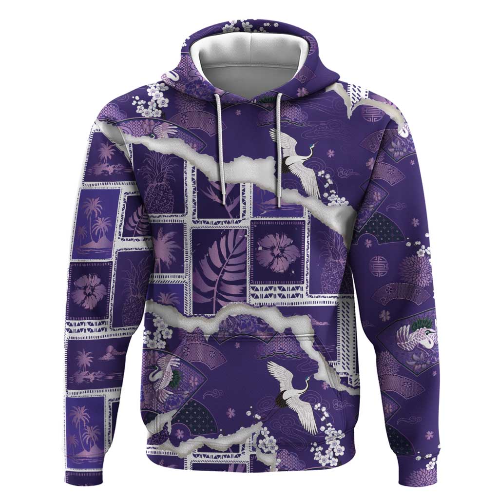 Hawaii Japanese Culture Purple Hoodie Spring Cranes Aloha Pattern LT01 Pullover Hoodie Purple - Polynesian Pride