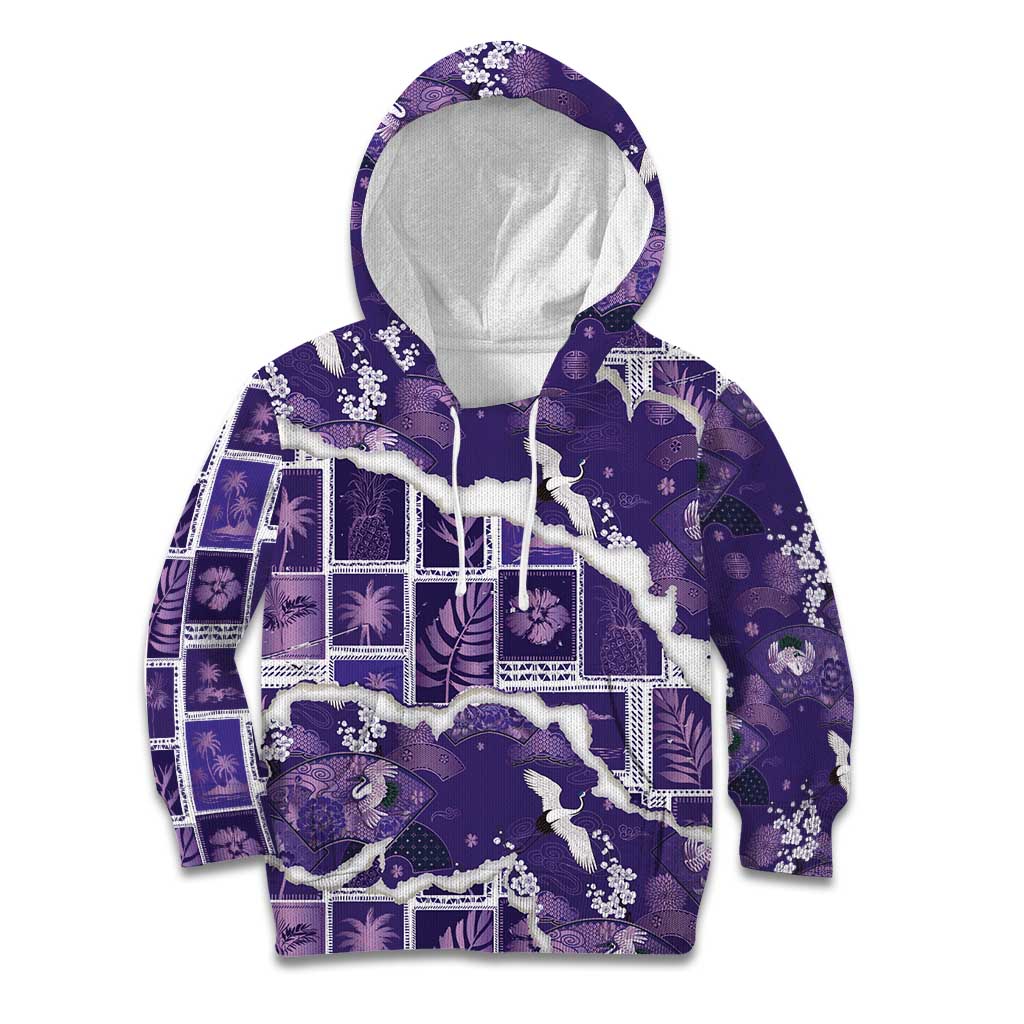 Hawaii Japanese Culture Purple Kid Hoodie Spring Cranes Aloha Pattern LT01 Hoodie Purple - Polynesian Pride