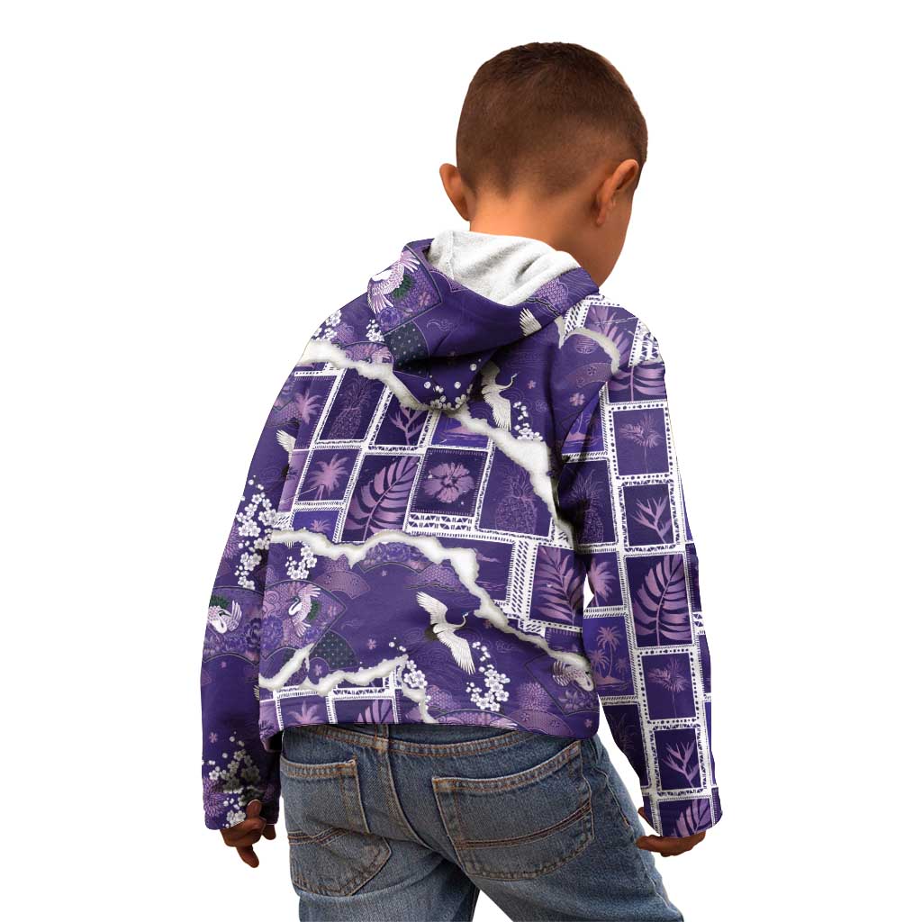 Hawaii Japanese Culture Purple Kid Hoodie Spring Cranes Aloha Pattern LT01 - Polynesian Pride