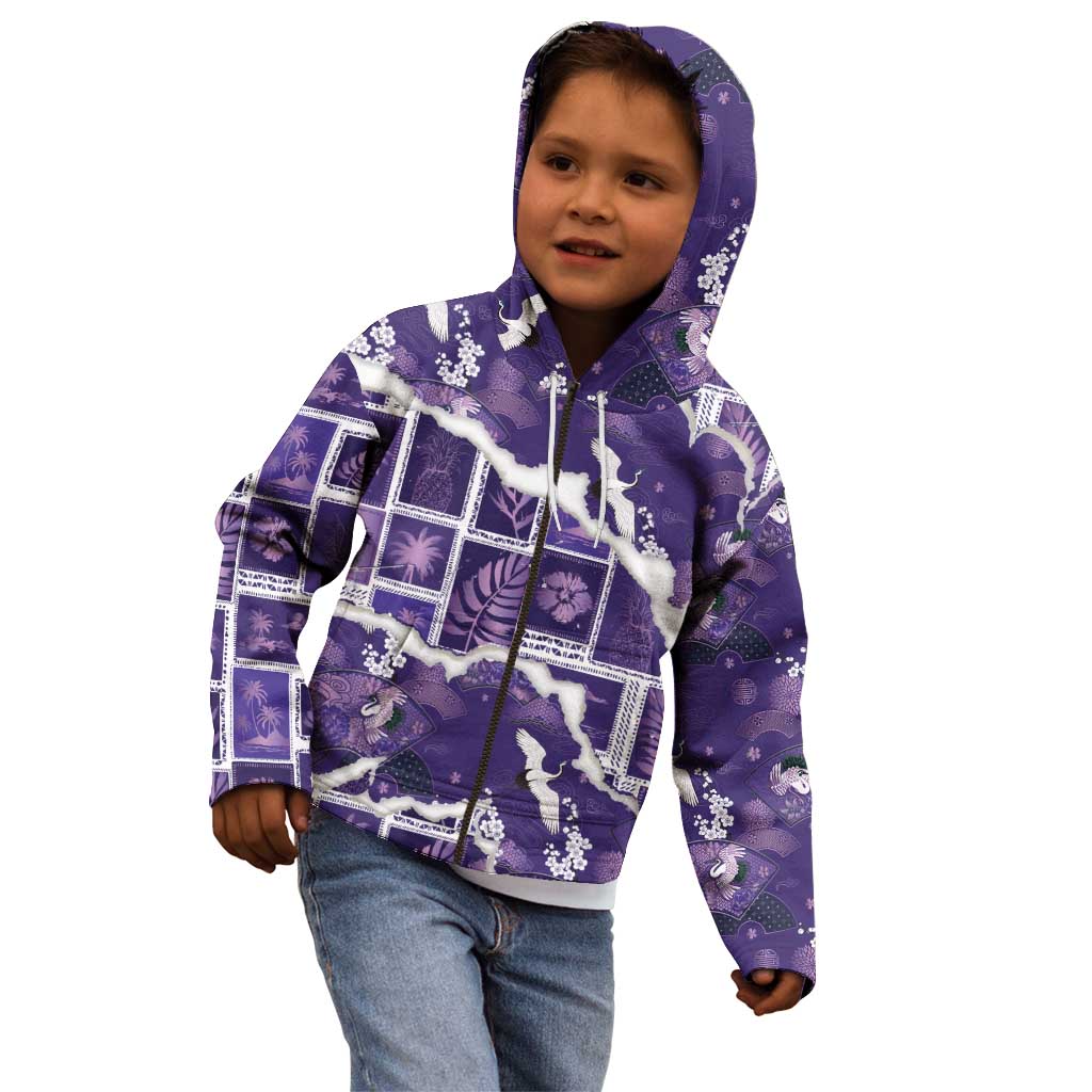 Hawaii Japanese Culture Purple Kid Hoodie Spring Cranes Aloha Pattern LT01 - Polynesian Pride