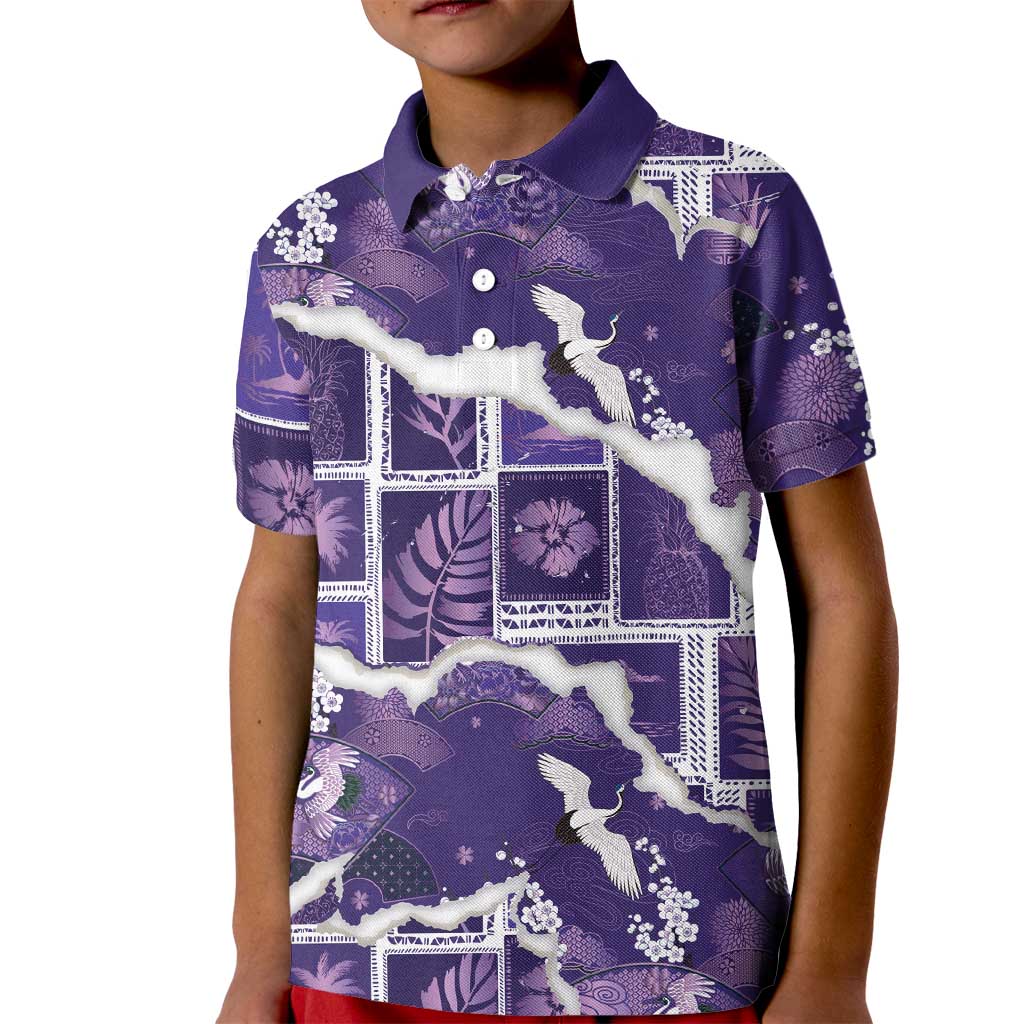Hawaii Japanese Culture Purple Kid Polo Shirt Spring Cranes Aloha Pattern