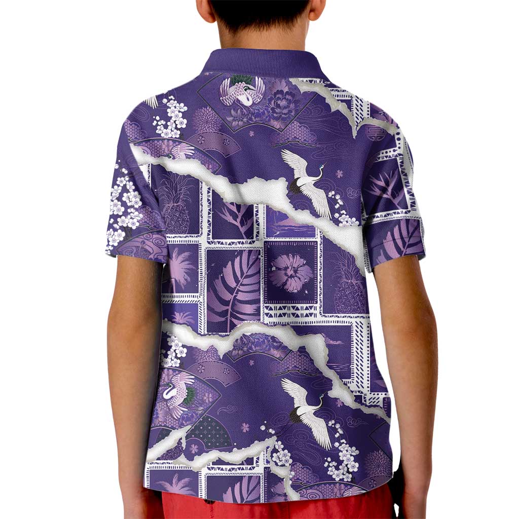 Hawaii Japanese Culture Purple Kid Polo Shirt Spring Cranes Aloha Pattern LT01 - Polynesian Pride