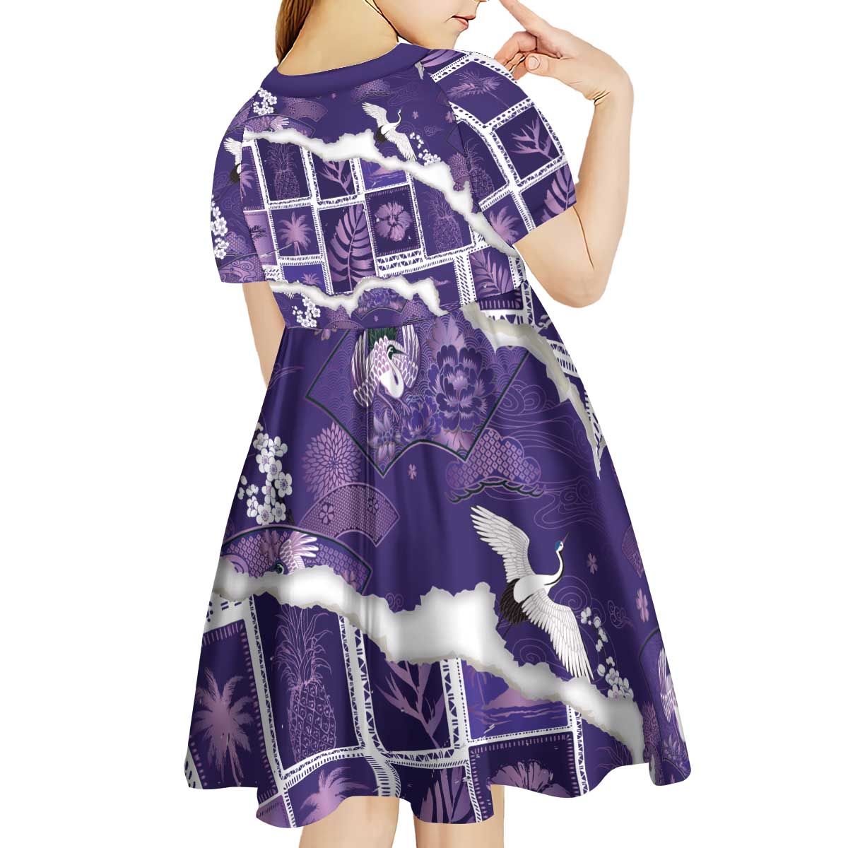 Hawaii Japanese Culture Purple Kid Short Sleeve Dress Spring Cranes Aloha Pattern LT01 - Polynesian Pride