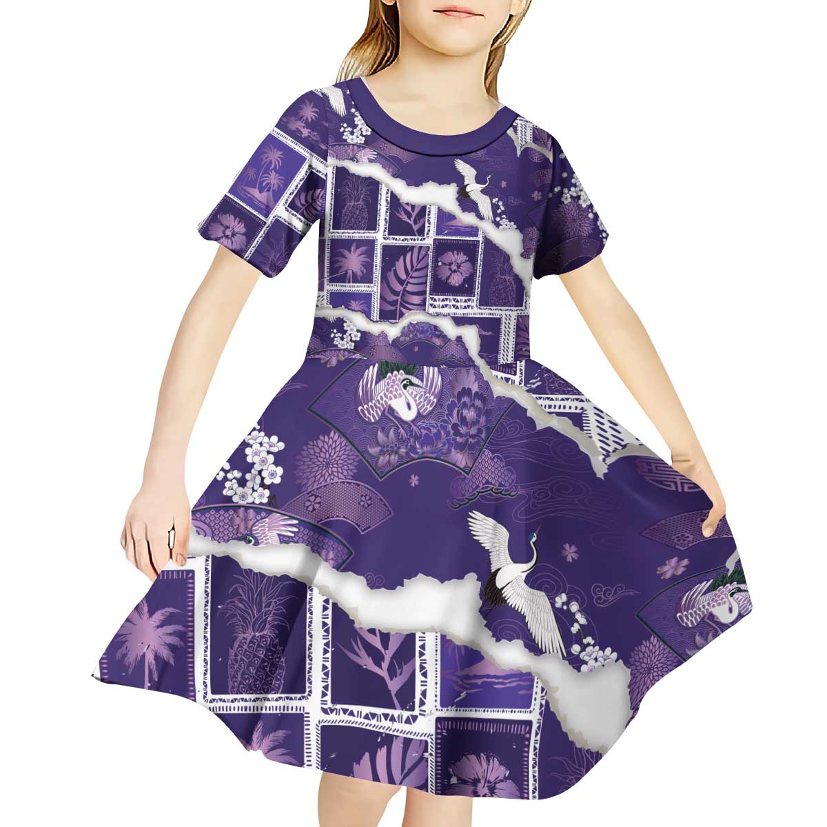 Hawaii Japanese Culture Purple Kid Short Sleeve Dress Spring Cranes Aloha Pattern LT01 - Polynesian Pride