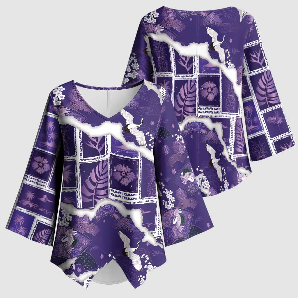 Hawaii Japanese Culture Purple Kimono Sleeve Blouse Spring Cranes Aloha Pattern LT01 - Polynesian Pride