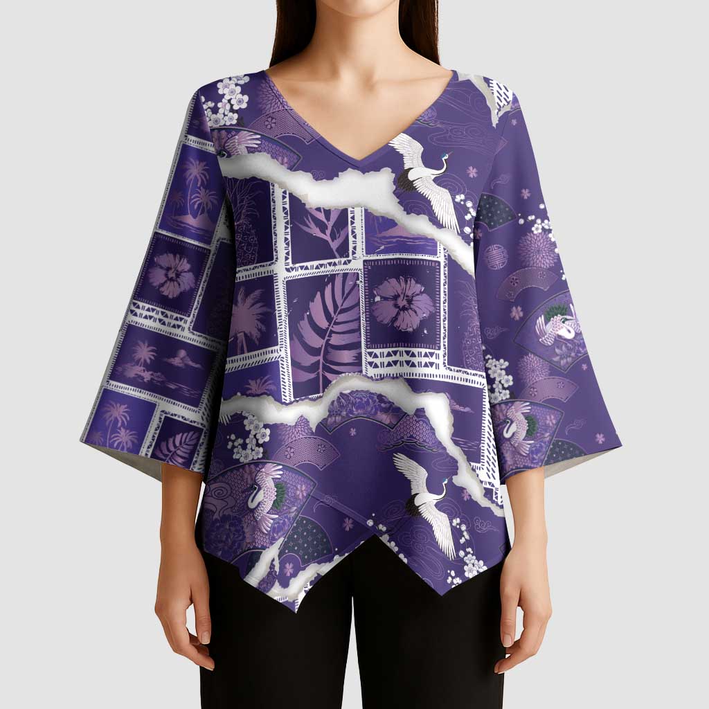 Hawaii Japanese Culture Purple Kimono Sleeve Blouse Spring Cranes Aloha Pattern LT01 - Polynesian Pride