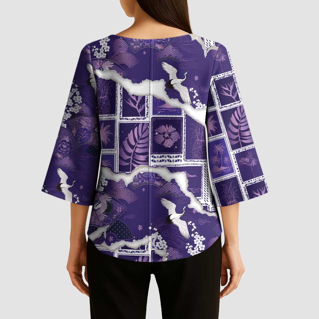 Hawaii Japanese Culture Purple Kimono Sleeve Blouse Spring Cranes Aloha Pattern LT01 - Polynesian Pride