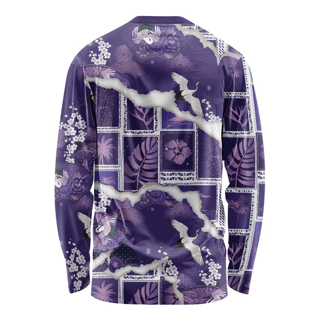 Hawaii Japanese Culture Purple Long Sleeve Shirt Spring Cranes Aloha Pattern LT01 - Polynesian Pride