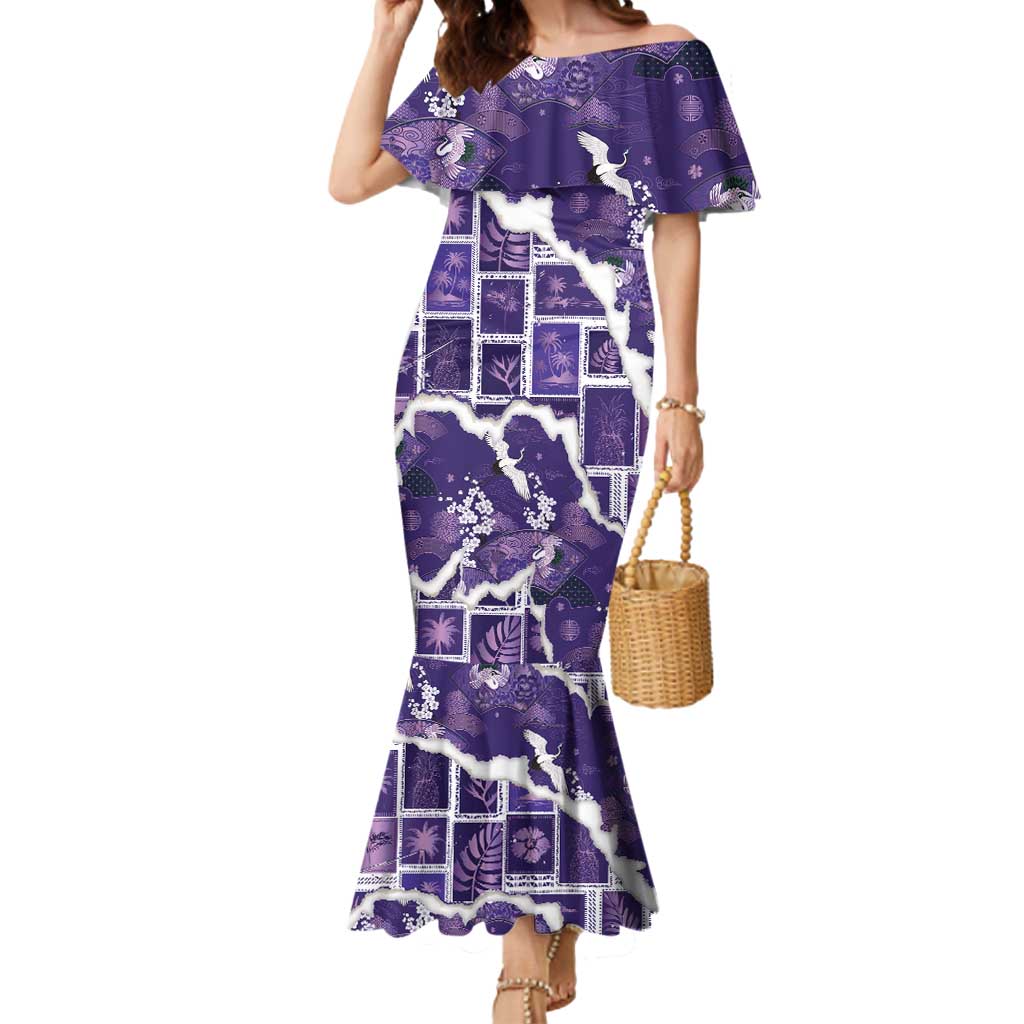 Hawaii Japanese Culture Purple Mermaid Dress Spring Cranes Aloha Pattern LT01 Women Purple - Polynesian Pride