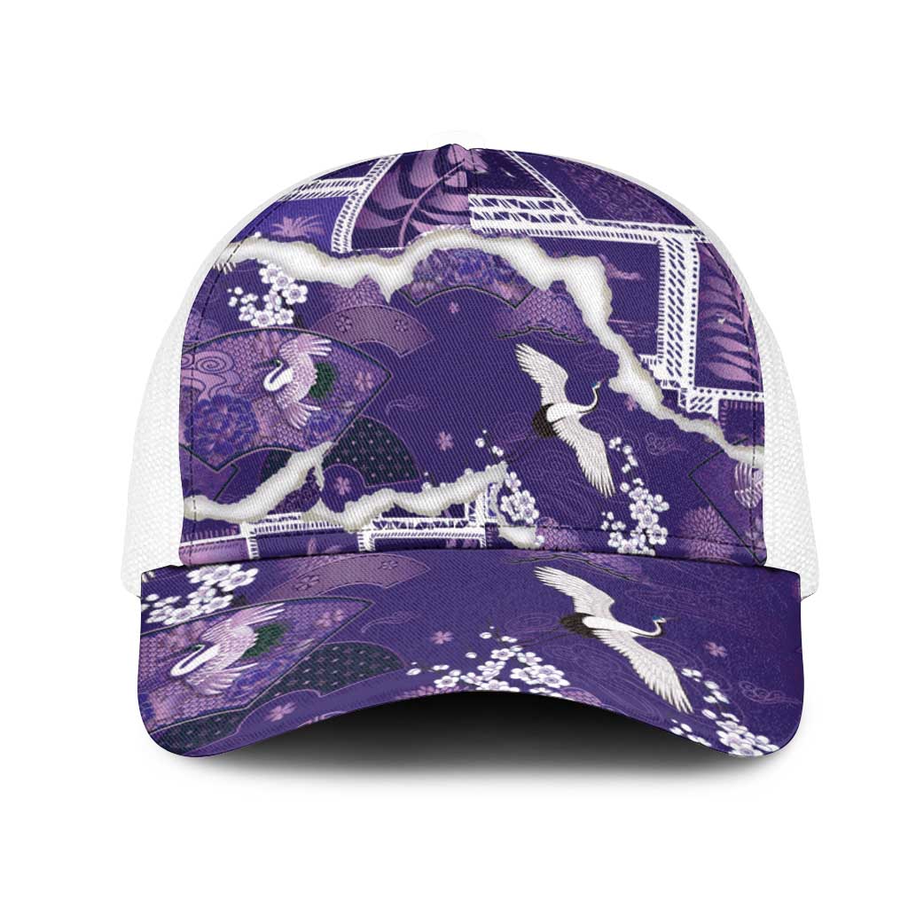 Hawaii Japanese Culture Purple Mesh Trucker Cap Spring Cranes Aloha Pattern LT01 One Size White Purple - Polynesian Pride