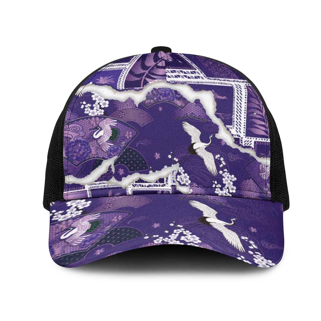 Hawaii Japanese Culture Purple Mesh Trucker Cap Spring Cranes Aloha Pattern LT01 One Size Black Purple - Polynesian Pride