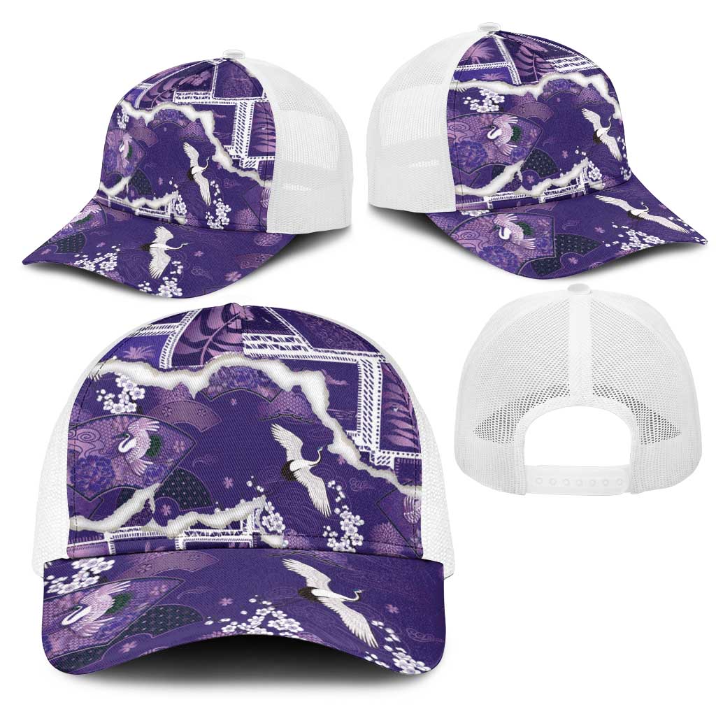 Hawaii Japanese Culture Purple Mesh Trucker Cap Spring Cranes Aloha Pattern LT01 - Polynesian Pride