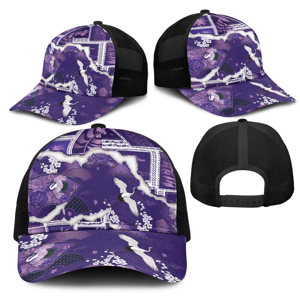 Hawaii Japanese Culture Purple Mesh Trucker Cap Spring Cranes Aloha Pattern LT01 - Polynesian Pride