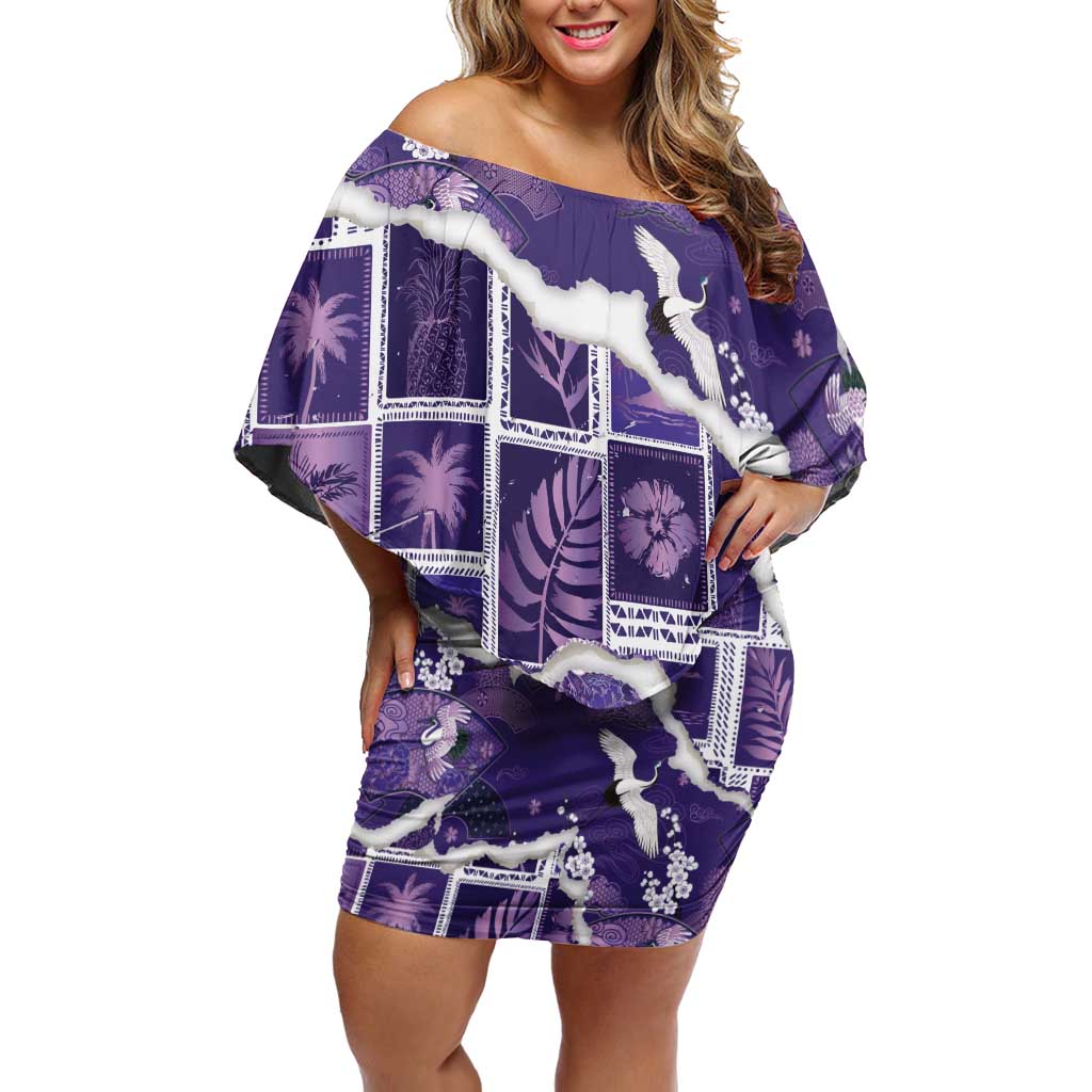 Hawaii Japanese Culture Purple Off Shoulder Short Dress Spring Cranes Aloha Pattern