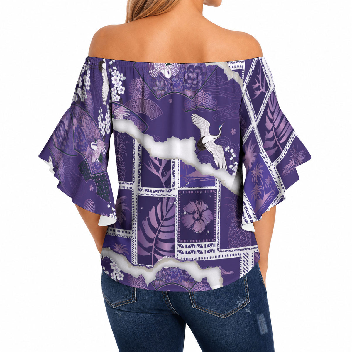 Hawaii Japanese Culture Purple Off Shoulder Wrap Waist Top Spring Cranes Aloha Pattern LT01 - Polynesian Pride