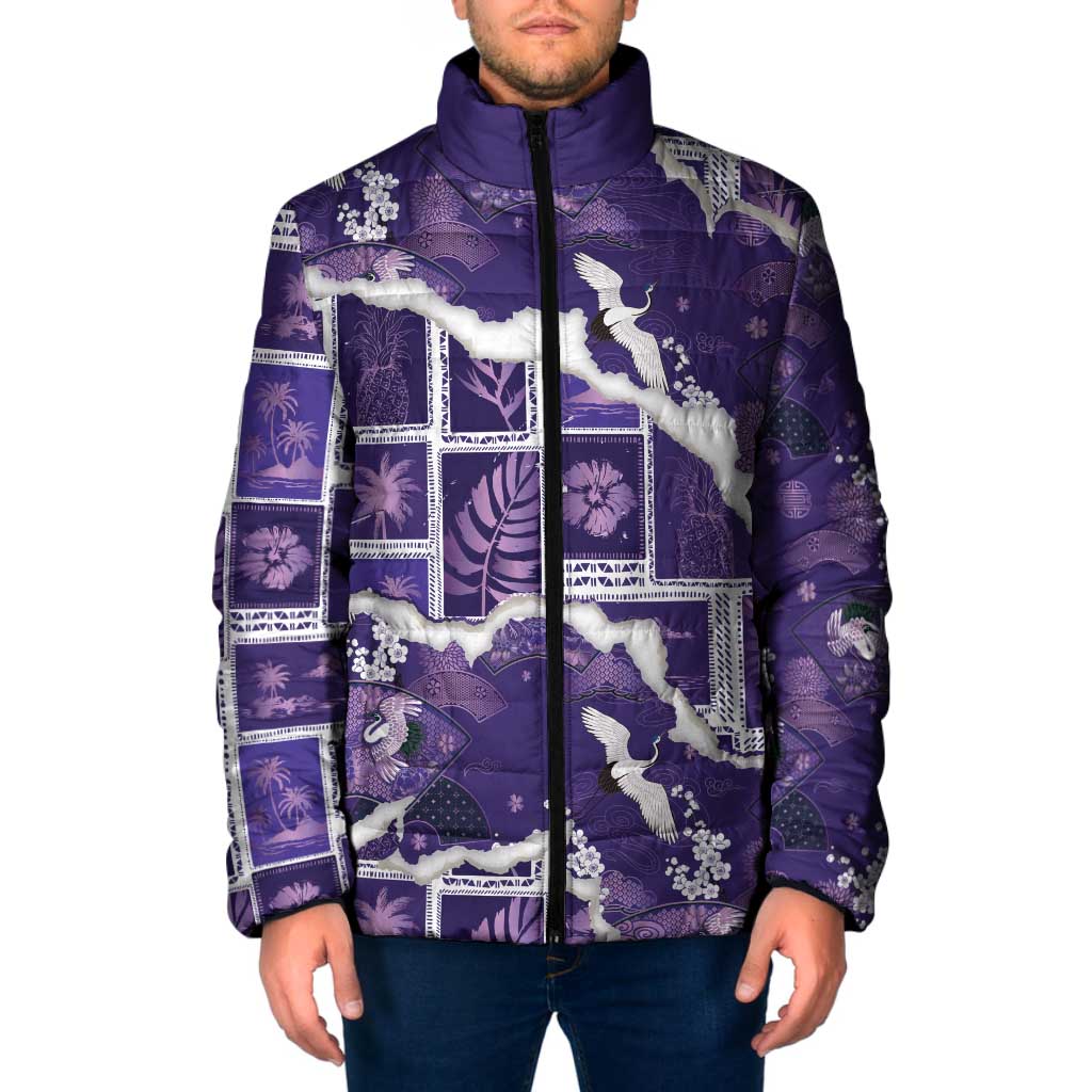 Hawaii Japanese Culture Purple Padded Jacket Spring Cranes Aloha Pattern LT01 Men Purple - Polynesian Pride