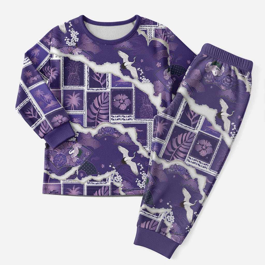 Hawaii Japanese Culture Purple Christmas Pajama Set Spring Cranes Aloha Pattern