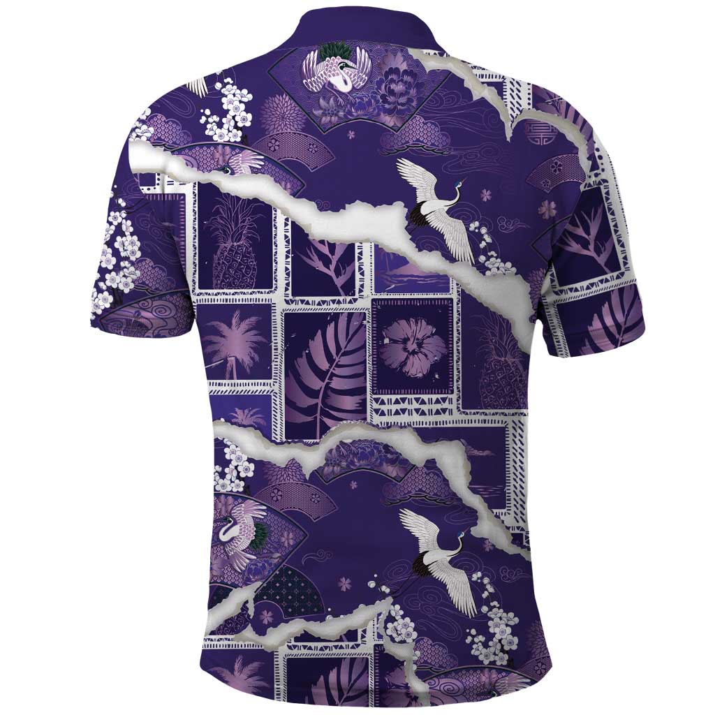 Hawaii Japanese Culture Purple Polo Shirt Spring Cranes Aloha Pattern LT01 - Polynesian Pride