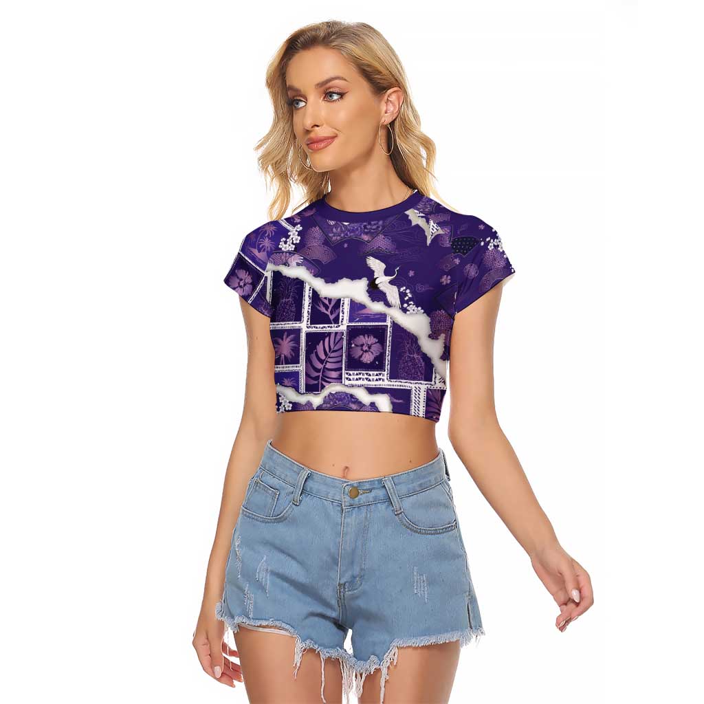 Hawaii Japanese Culture Purple Raglan Cropped T Shirt Spring Cranes Aloha Pattern LT01 Female Purple - Polynesian Pride