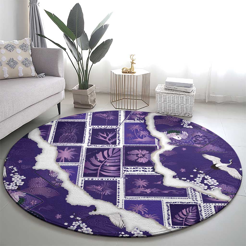 Hawaii Japanese Culture Purple Round Carpet Spring Cranes Aloha Pattern LT01 - Polynesian Pride