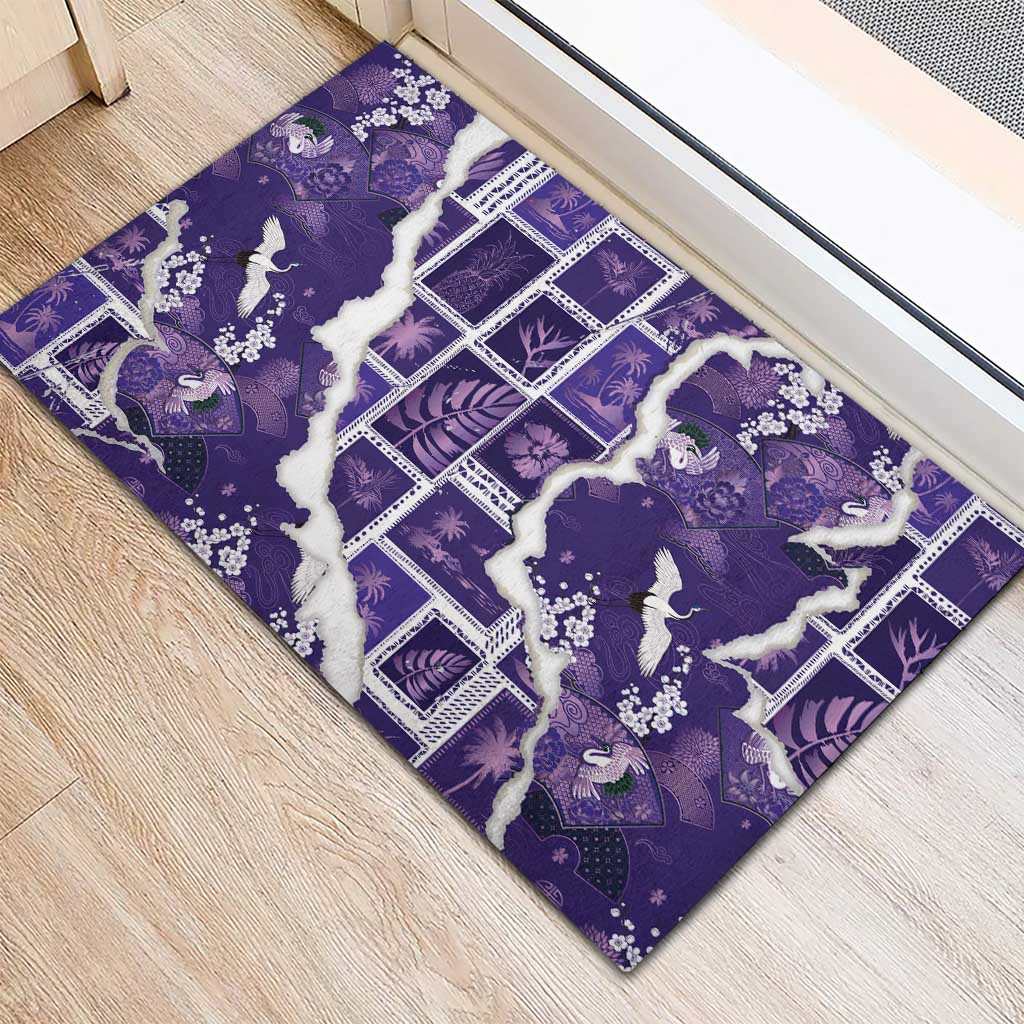 Hawaii Japanese Culture Purple Rubber Doormat Spring Cranes Aloha Pattern