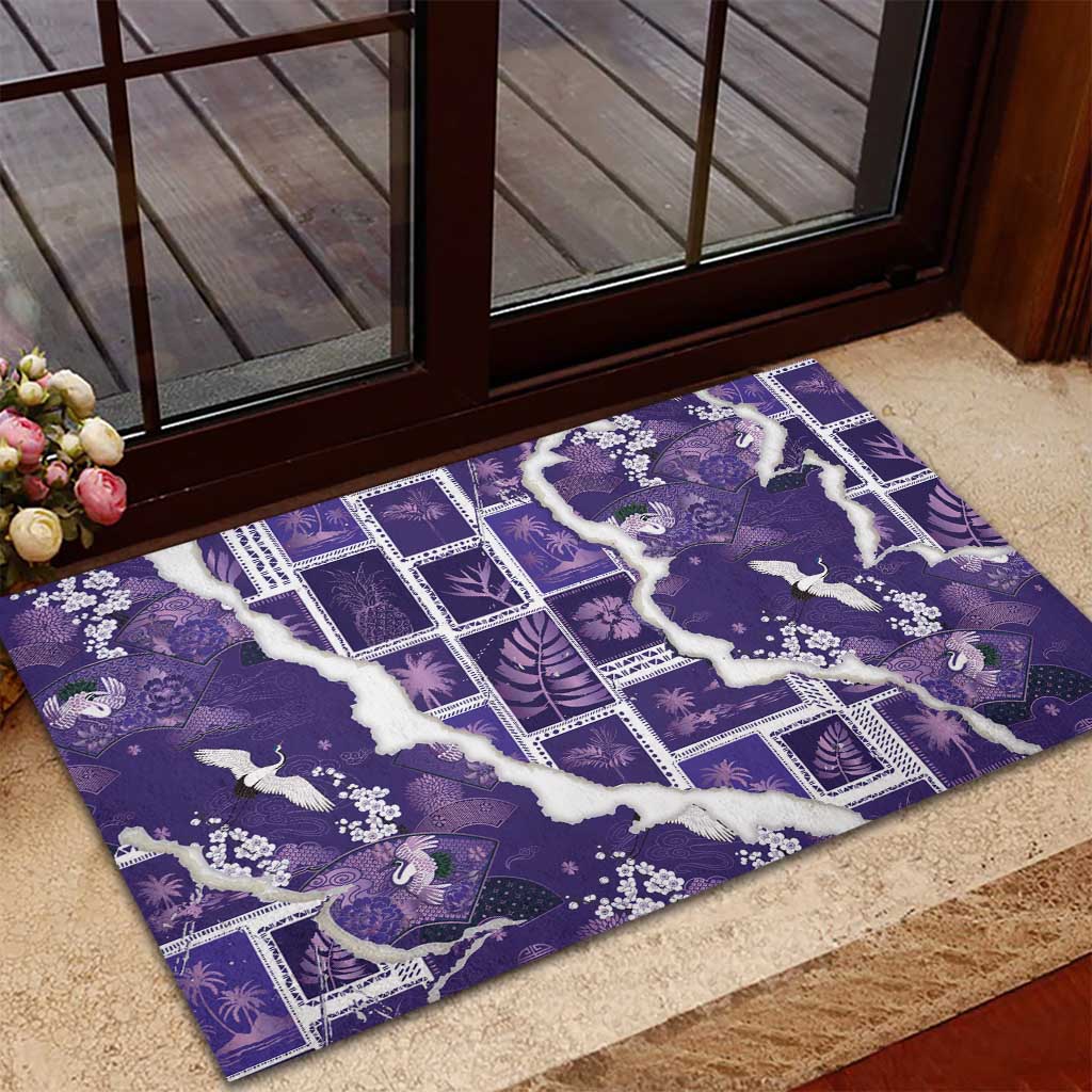 Hawaii Japanese Culture Purple Rubber Doormat Spring Cranes Aloha Pattern