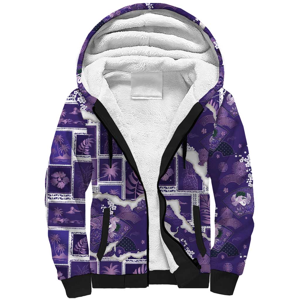 Hawaii Japanese Culture Purple Sherpa Hoodie Spring Cranes Aloha Pattern