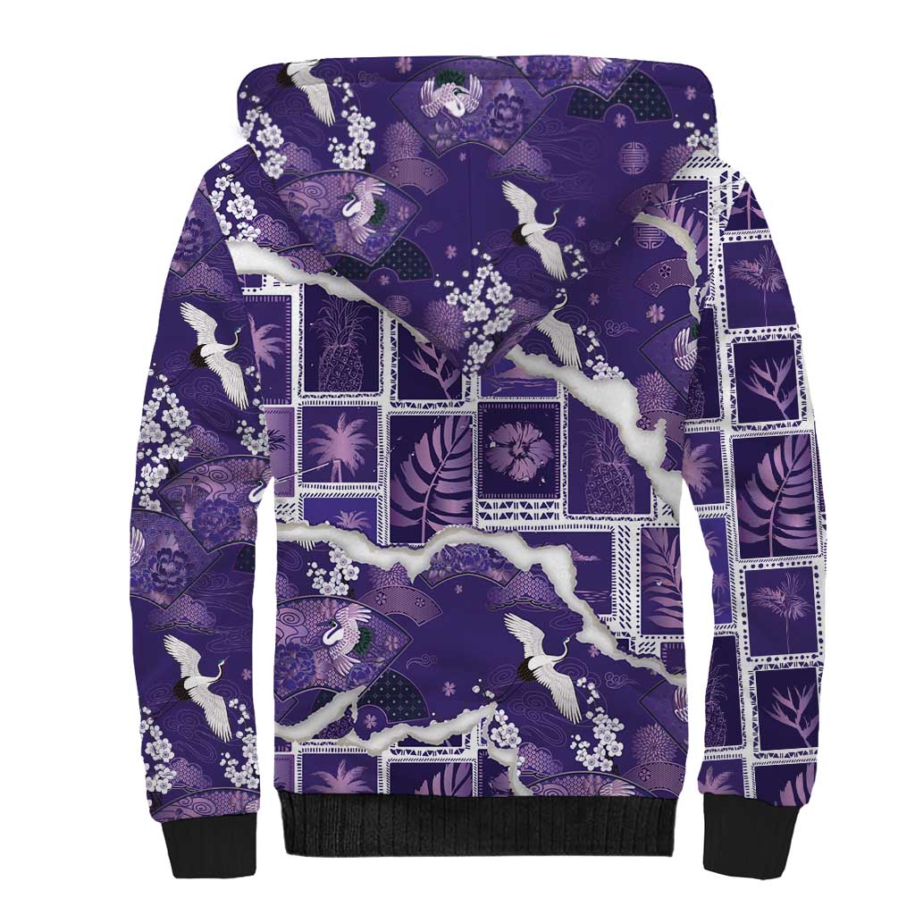 Hawaii Japanese Culture Purple Sherpa Hoodie Spring Cranes Aloha Pattern
