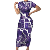 Hawaii Japanese Culture Purple Short Sleeve Bodycon Dress Spring Cranes Aloha Pattern LT01 Long Dress Purple - Polynesian Pride