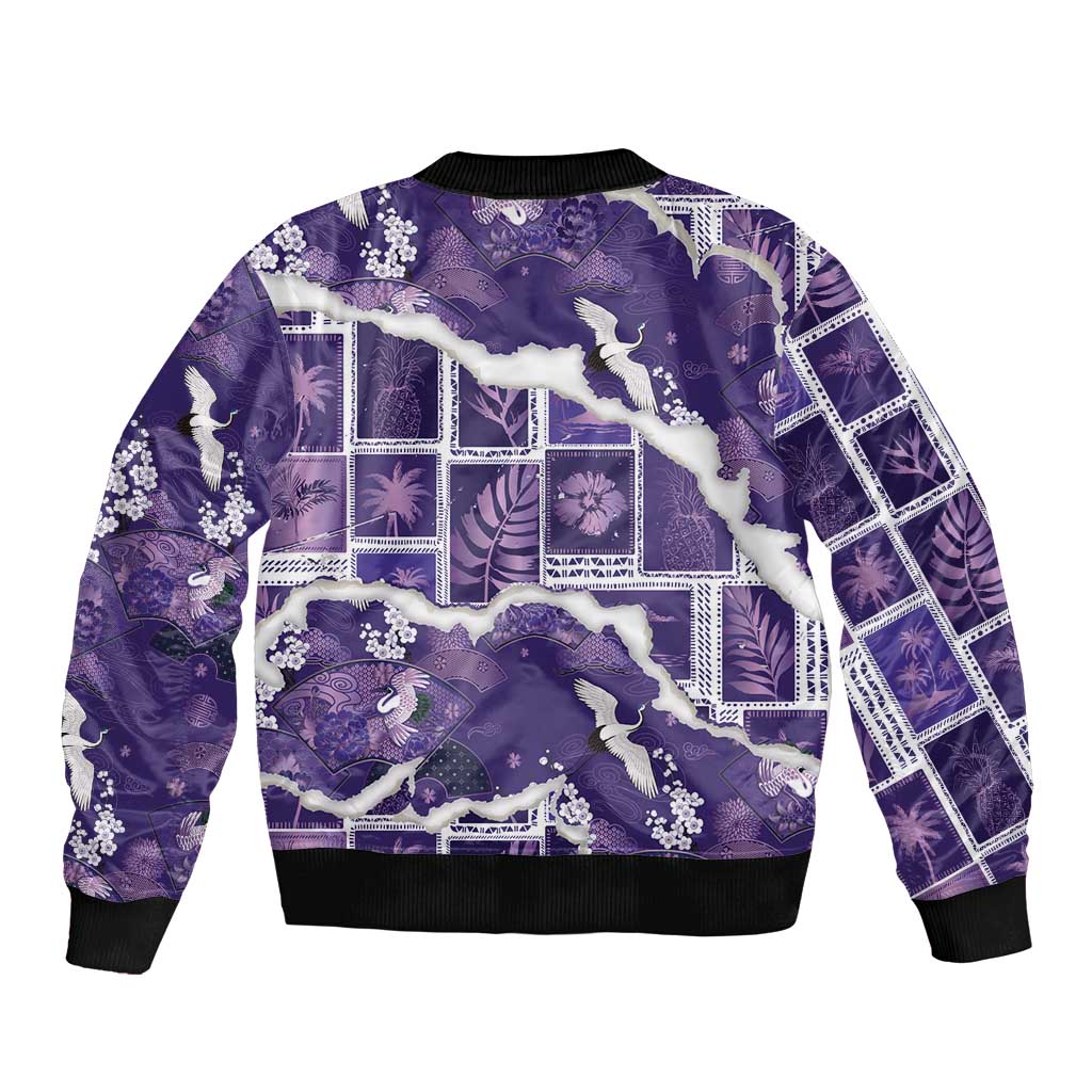 Hawaii Japanese Culture Purple Sleeve Zip Bomber Jacket Spring Cranes Aloha Pattern LT01 - Polynesian Pride