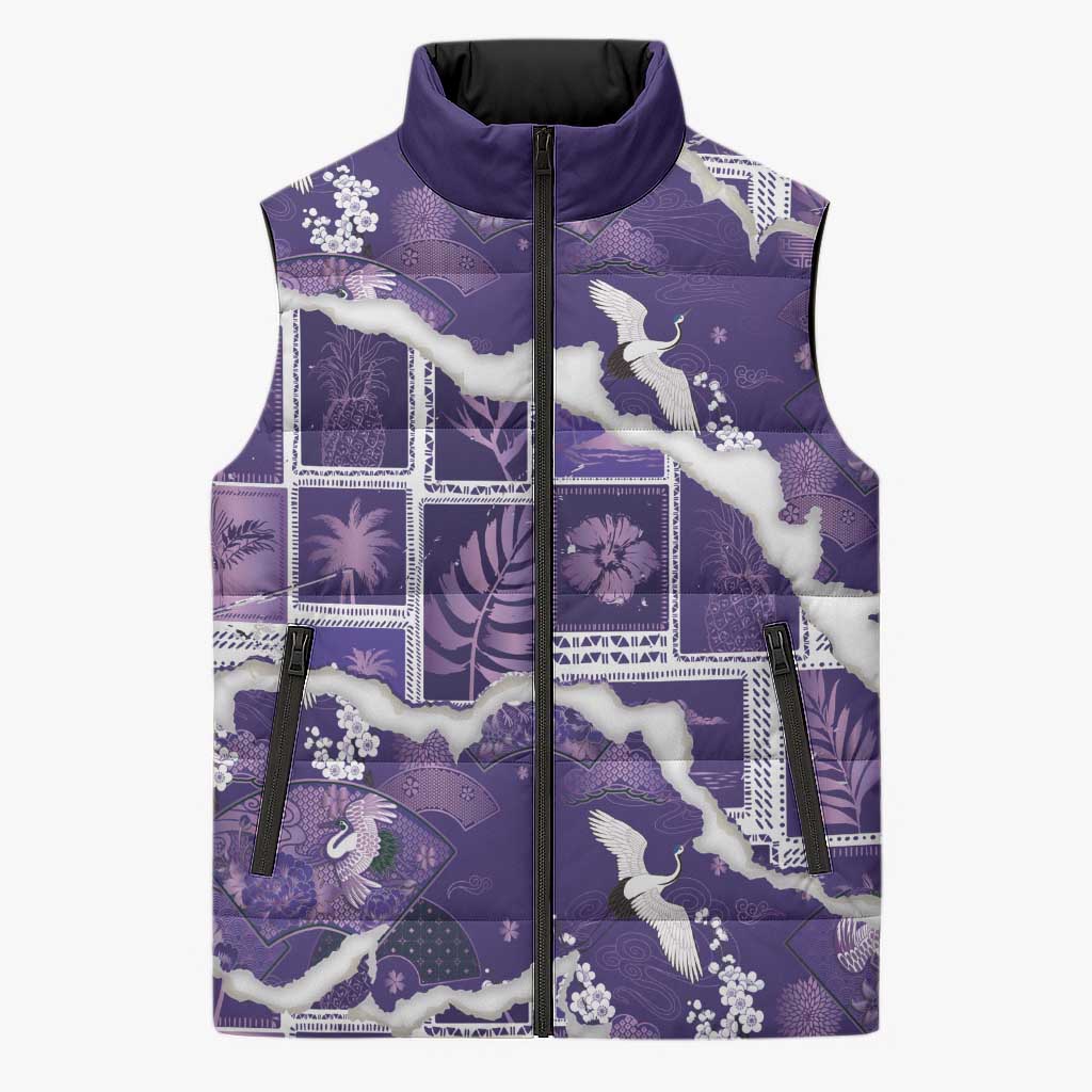 Hawaii Japanese Culture Purple Sleeveless Puffer Jacket Spring Cranes Aloha Pattern LT01 Unisex Purple - Polynesian Pride
